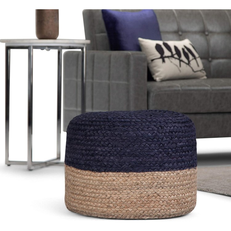 SIMPLIHOME Lydia Round Pouf Footstool Upholstered in Navy Natural Braided Jute for the Living Room Bedroom and Kids Room Contemporary Modern