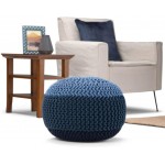 SIMPLIHOME Nikki Round Hand Knit Pouf Footstool Upholstered in Blue Navy Blue Cotton for the Living Room Bedroom and Kids Room Boho