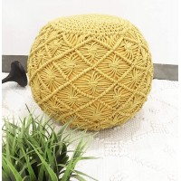 The Knitted Co. Cotton Pouf Handmade Macrame Ottoman Farmhouse Rustic Accent Furniture Footrest Round Bean Bag for Living Room Bedroom Kids Room Yellow 18" x 18" x 14"