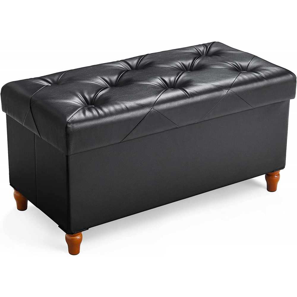 30 Inches Folding Storage Ottoman Bench2022 Upgraded with Wooden Legs Memory Foam Faux Leather Ottoman with Storage Load 350lbs Storage Bench for Bedroom Living Room & Hallway Foot Rest Black