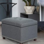 Adeco Classy Linen Blend Fabric Accents Rectangular Storage Bench Ottoman Footstool 24x18x18 Gray