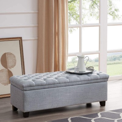 BELLEZE 48 Inch Mid Century Modern Storage Ottoman Rectangular Lift Top Button Tufted Linen Bench Footstool for Living Room or Bedroom Furniture Tiara Light Gray