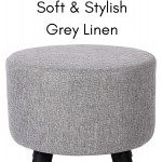 BIRDROCK HOME Grey Linen Foot Stool Ottoman – Soft Compact Round Padded Seat Living Room Bedroom and Kids Room Chair – Black Wood Legs Upholstered Decorative Furniture Rest – Vanity Seat