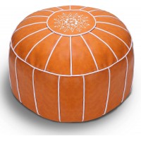 Bohepuffex Moroccan Handmade Round Pouf Footstool Footrest Faux Leather A Classic and Large Storage Ottoman an Exotic Décor for Living Space Only Cover Included -Unstuffed-Embroidered Orange