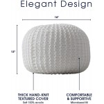Cheer Collection 18" Round Pouf Ottoman Chunky Hand-Knit Decorative and Comfortable Foot Rest White