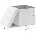 Cuyoca Cube Ottoman Storage Foldable Storage Boxes Foot Rest 15 Inches Small Tufted Ottoman 40L Storage Space Linen Fabric Grey