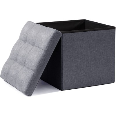 Cuyoca Cube Ottoman Storage Foldable Storage Boxes Foot Rest 15 Inches Small Tufted Ottoman 40L Storage Space Linen Fabric Grey