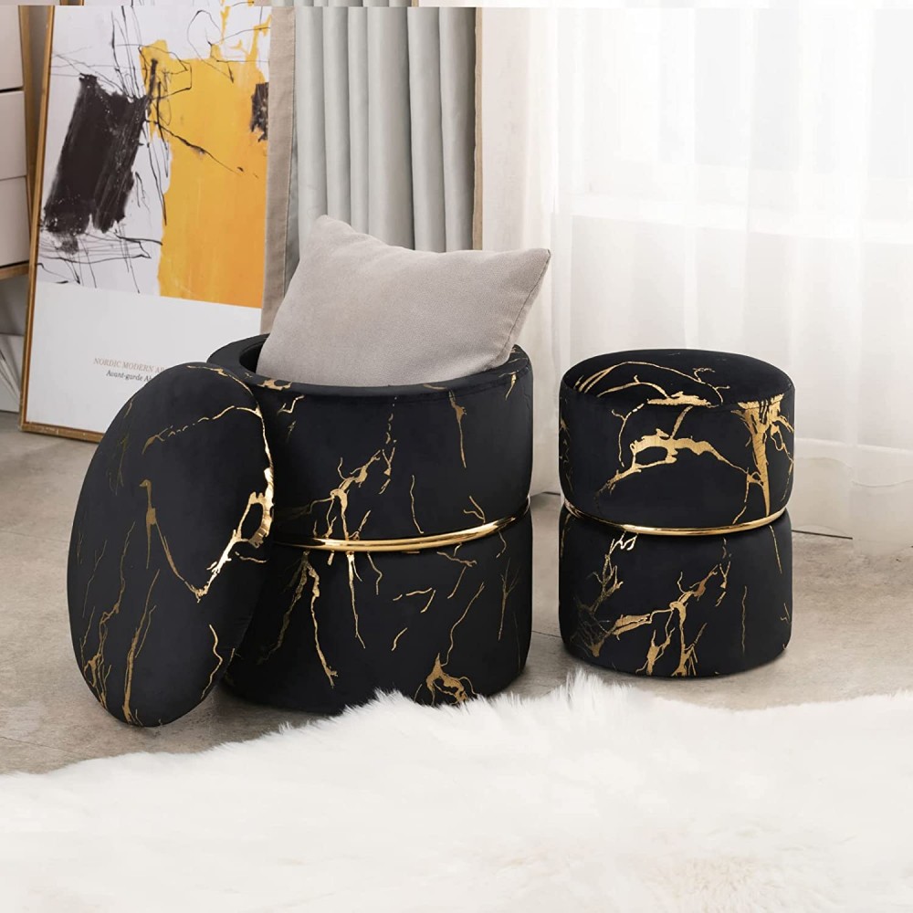 Furnimart Home Vanity Stool Chair Velvet Storage Ottoman Foot Rest Stool Upholstered Seat with Gold Plating Ring,Pack of 2 Black