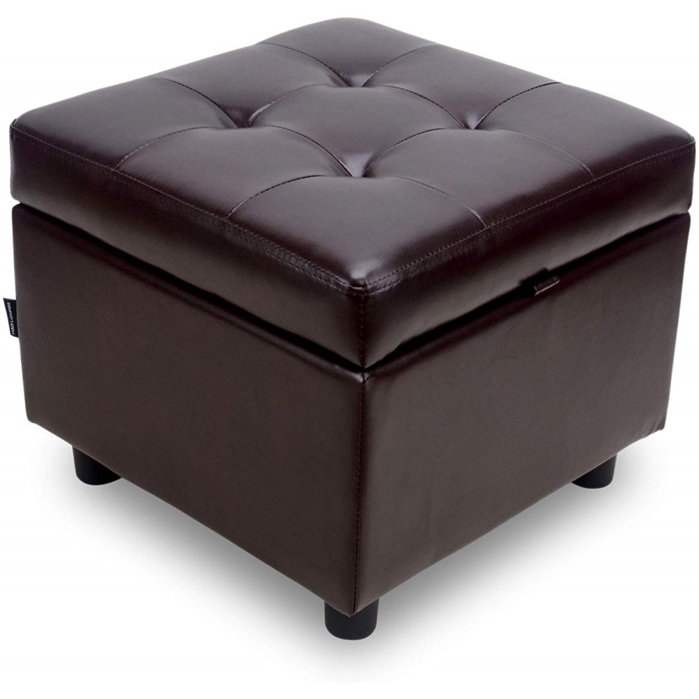 H&B Luxuries Tufted Leather Square Flip Top Storage Ottoman Cube Foot Rest Brown