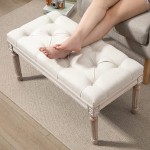 HOMCOM 15.75" Vintage Ottoman Tufted Footstool with Upholstered Seat Distressed Wood Legs for Bedroom Living Room Beige