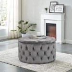 Homebeez Round Velvet Storage Ottoman Button Tufted Footrest Stool Coffee Table for Living Room Grey