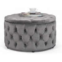 Homebeez Round Velvet Storage Ottoman Button Tufted Footrest Stool Coffee Table for Living Room Grey