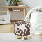 Homebeez Velvet Round Ottoman Foot Rest Stool Small Upholstered Padded Seat with Non-Skid Wood Legs Brown Cow