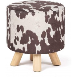 Homebeez Velvet Round Ottoman Foot Rest Stool Small Upholstered Padded Seat with Non-Skid Wood Legs Brown Cow