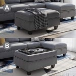 HONBAY Upholstered Storage Bench Ottoman with Tray Coffee Table Ottoman with Storage Rectangle Ottoman Bench with Lift-Off Lid,Grey