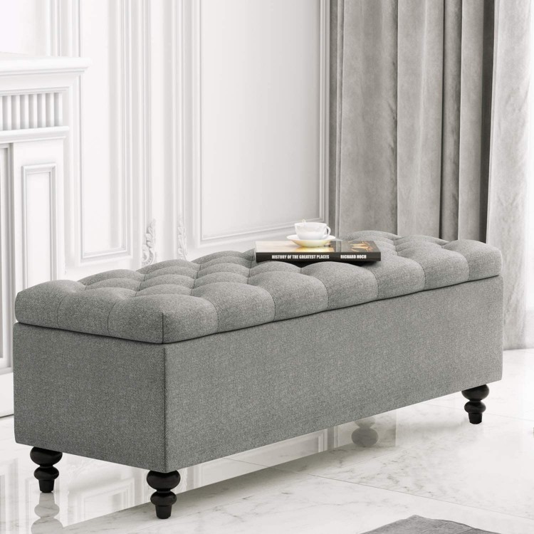 HUIMO Ottoman with Storage 51-inch Storage Ottoman Bench with Button-Tufted Bedroom Bench Safety Hinge Ottoman in Upholstered Fabrics Large Storage Bench for Bedroom Living Room Grey