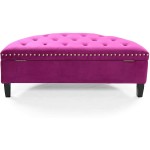 Iconic Home Jacqueline Half Moon Storage Ottoman Button Tufted Velvet Upholstered Gold Nailhead Trim Espresso Finished Wood Legs Bench Modern Transitional Plum