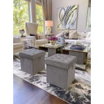 Inspire Me! Home Décor Anastasia Ottoman with Lux Metal Studs and Functional Handle Detailing Classy Pewter Grey Soft Velvet 16 x 16 x 17 in Tufted Design Comfortable Seating Hidden Storage