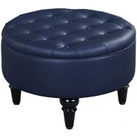 Kings Brand Furniture – Blue Faux Leather Round Storage Ottoman with Tray Top