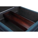 OSP Home Furnishings Detour Square Storage Ottoman with Tray and Solid Wood Legs Azure Fabric
