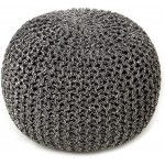 REDEARTH Round Pouf Foot Stool Ottoman Hand Knitted Bean Bag Cord Boho Pouffe Cable Poof Accent Beanbag Chair Footrest for Living Room Bedroom Nursery Patio Lounge 19”x19”x14”; Black Ivory
