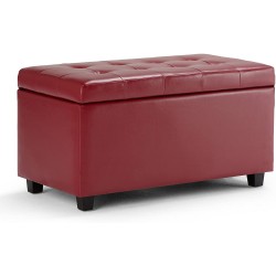 SIMPLIHOME Cosmopolitan 34 inch Wide Rectangle Lift Top Storage Ottoman in Upholstered Red Tufted Faux Leather Footrest Stool Coffee Table for the Living Room Bedroom and Kids Room Contemporary