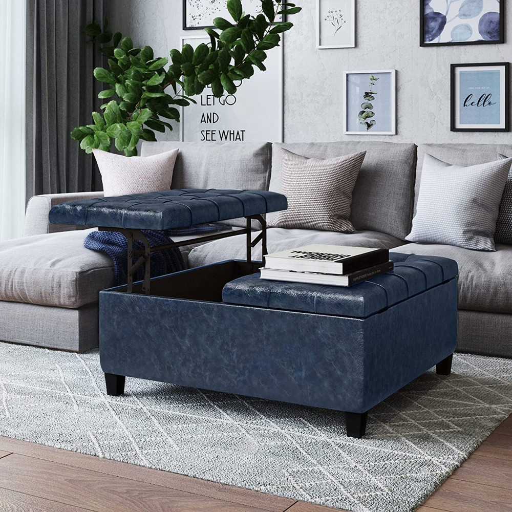 SIMPLIHOME Harrison 36 inch Wide Square Coffee Table Lift Top Storage Ottoman Cocktail Footrest Stool in Upholstered Blue Tufted Faux Leather for the Living Room Traditional