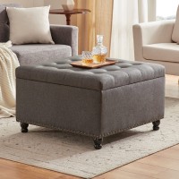 Tbfit Large Square Storage Ottoman Bench Tufted Upholstered Coffee Table Ottoman with Storage Oversized Storage Ottomans Toy Box Footrest for Living Room Dark Grey