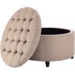 WOVENBYRD 28-Inch Button Tufted Round Storage Ottoman with Lift Off Lid Light Brown